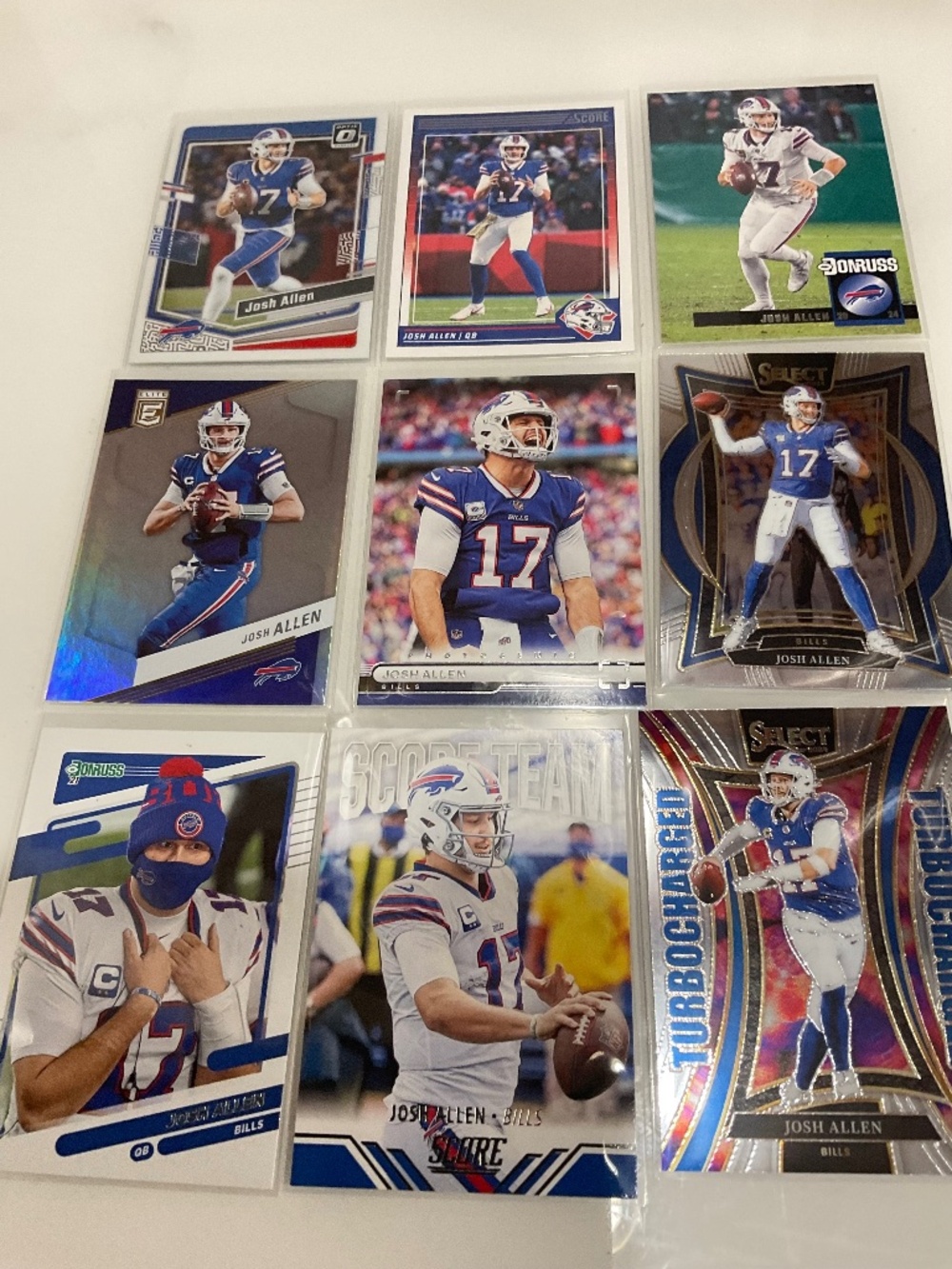 Josh Allen 9 Card Lot Bills. Select, Donruss, Optic, Elite, Donruss, Score